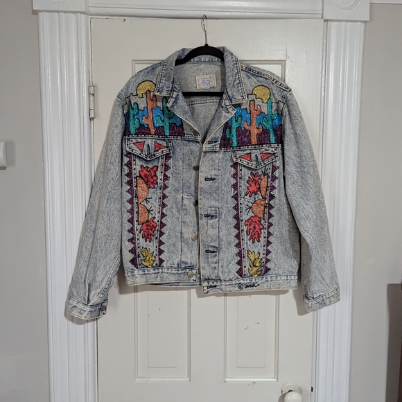 Beautiful Vintage Handpainted By Uma Denim Jacket With Desert Design. - Picture 1 of 9